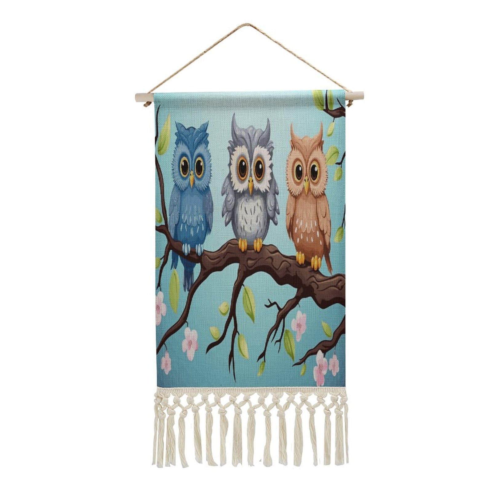 VstaDank Owls on A Branch Wall Art Decor with Tassels 20"x10" Cotton Linen Hanging Tapestry Decor Wall Art Prints Wood Frame Boho Wall Art Poster for Bedroom Living Room Office