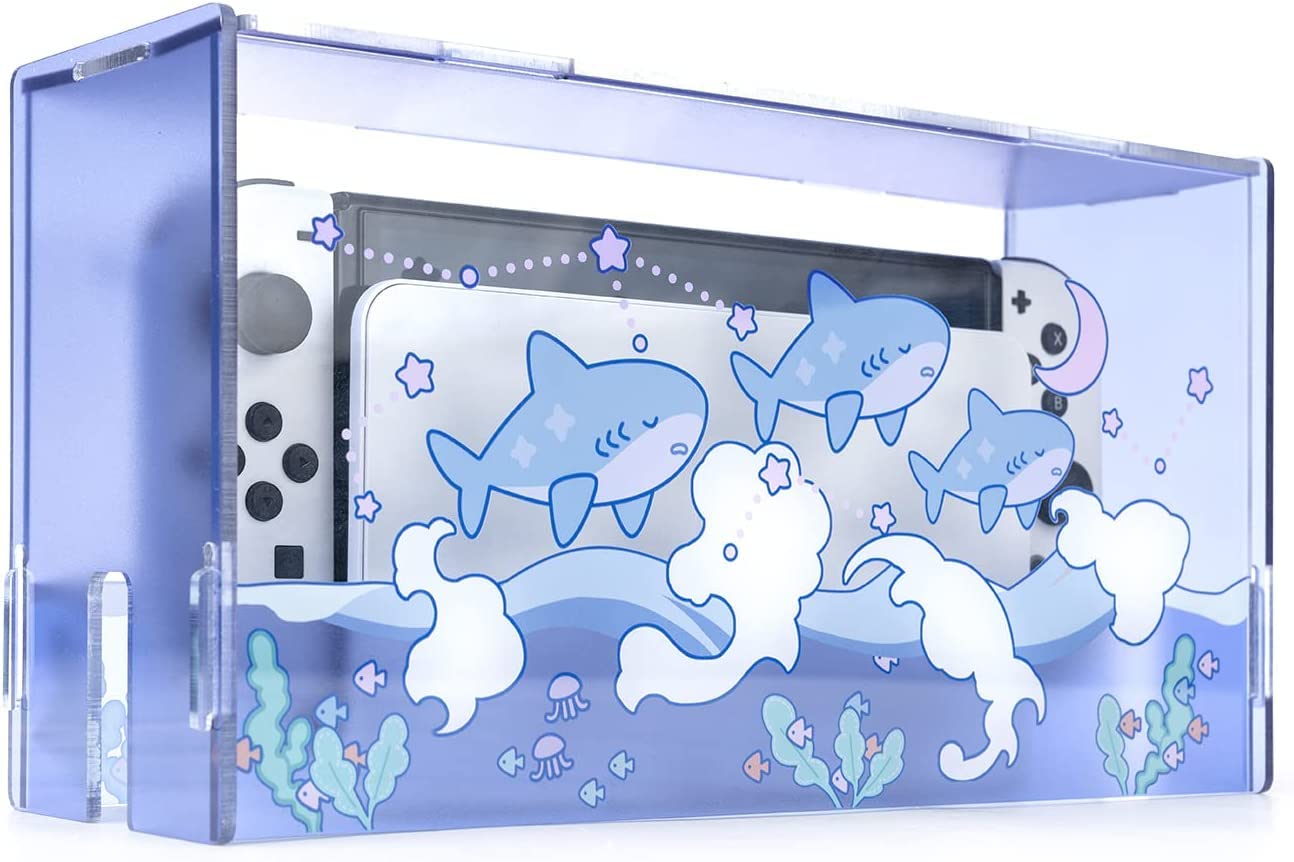GeekShare Cute Shark Acrylic Clear Dust Display Box Cover for Switch/OLED Dock, Assemble Waterproof Cover Case Compatible with Nintendo Switch/OLED Charging Dock Accessories -