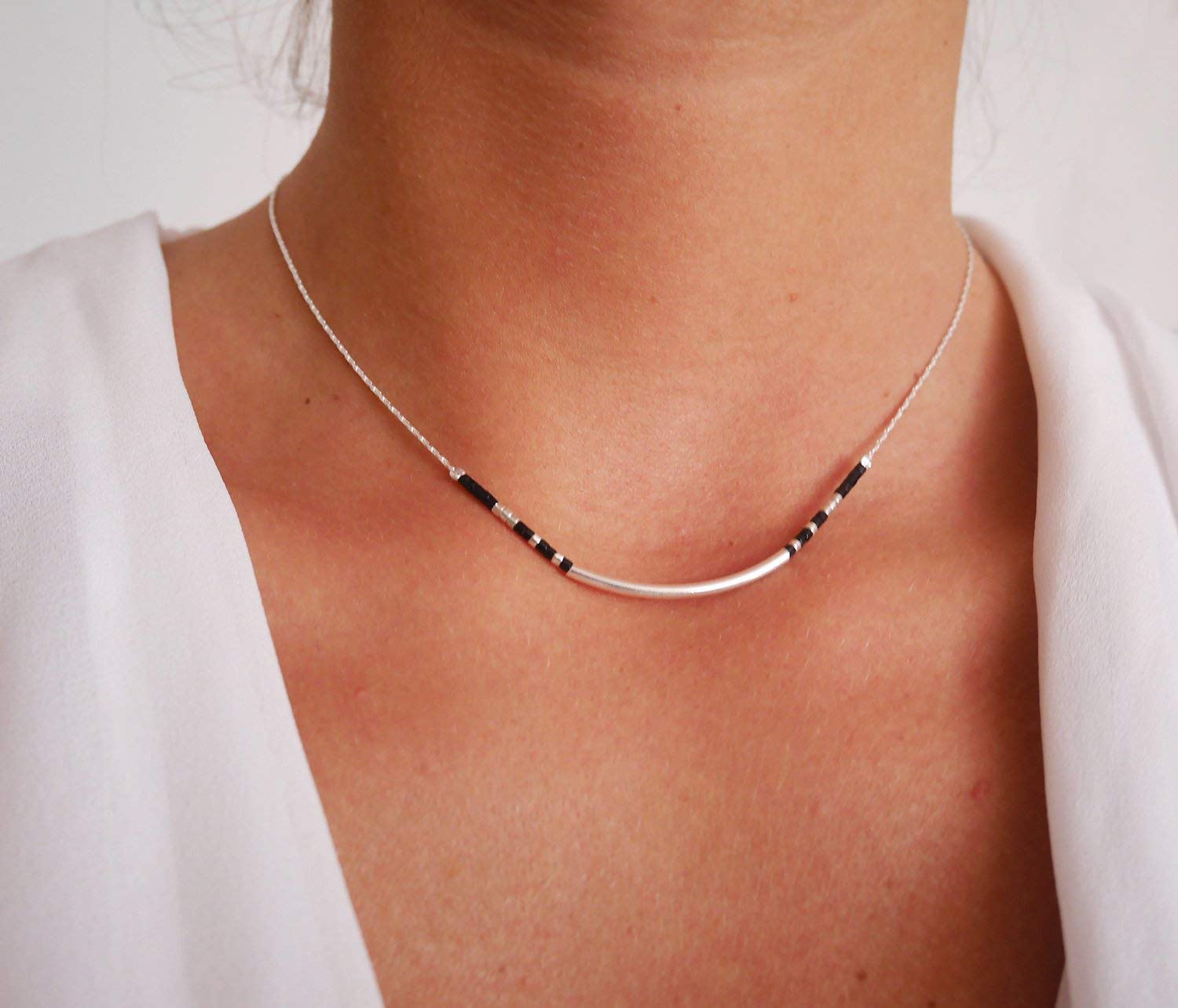 Collier fin choker perles miyuki noires - chaine serpent argent massif 925 - Collier perles noires - collier minimaliste discret élégant