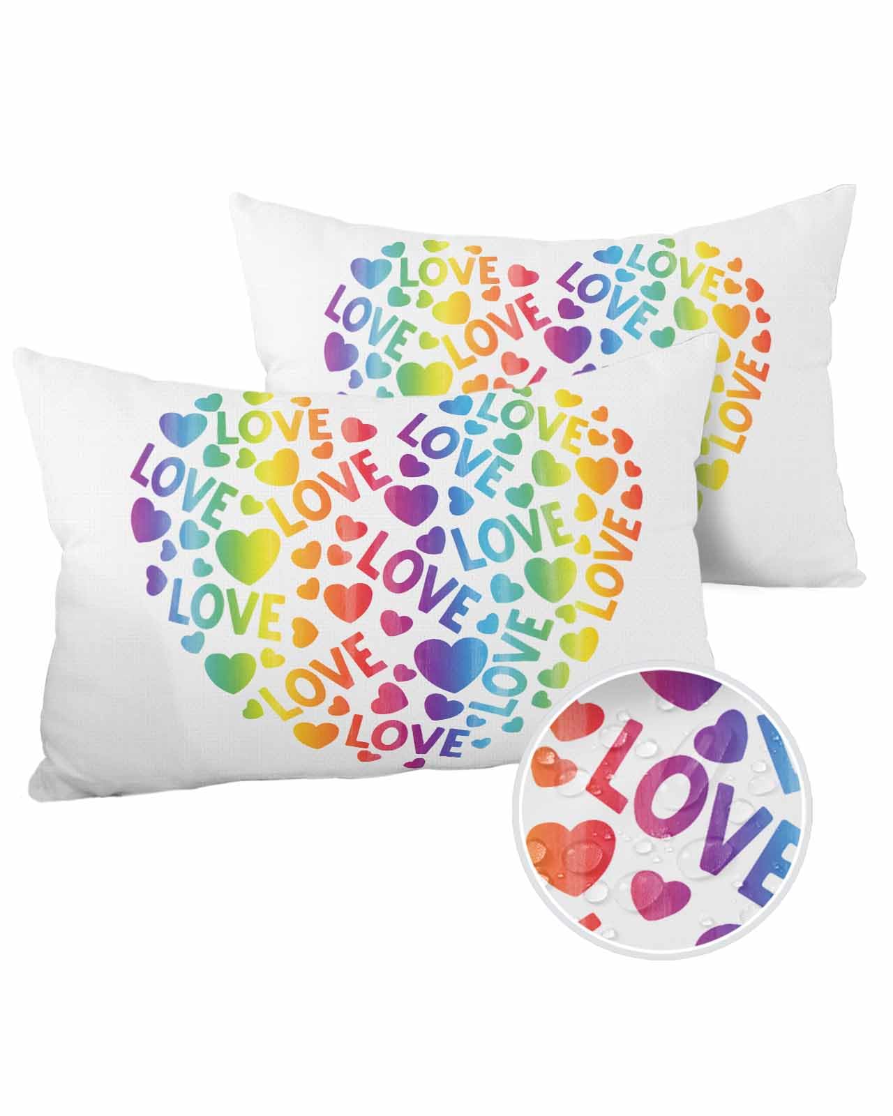 Boanket Lumbar Pillow Covers 12 x 20 Inches, Colorful Love Heart Waterproof Throw Pillow Cover Set of 2, Watercolor Rainbow Ombre Home Decorative Rectangle Cushion Covers for Patio/Tent/Couch/Garden