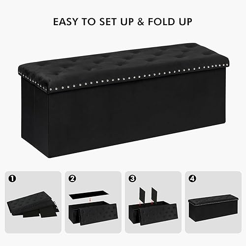 Miniatura 8 de PINPLUS Banco otomano de almacenamiento negro para dormitorio, baúl plegable de terciopelo con bancos, taburete para reposapiés, baúl grande y largo