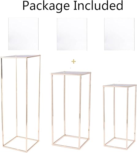 Miniatura 7 de Soporte de pedestal cilíndrico para fiestas jarrones dorados para centros de mesa boda con panel acrílico 3 piezas geométricas de metal para centros