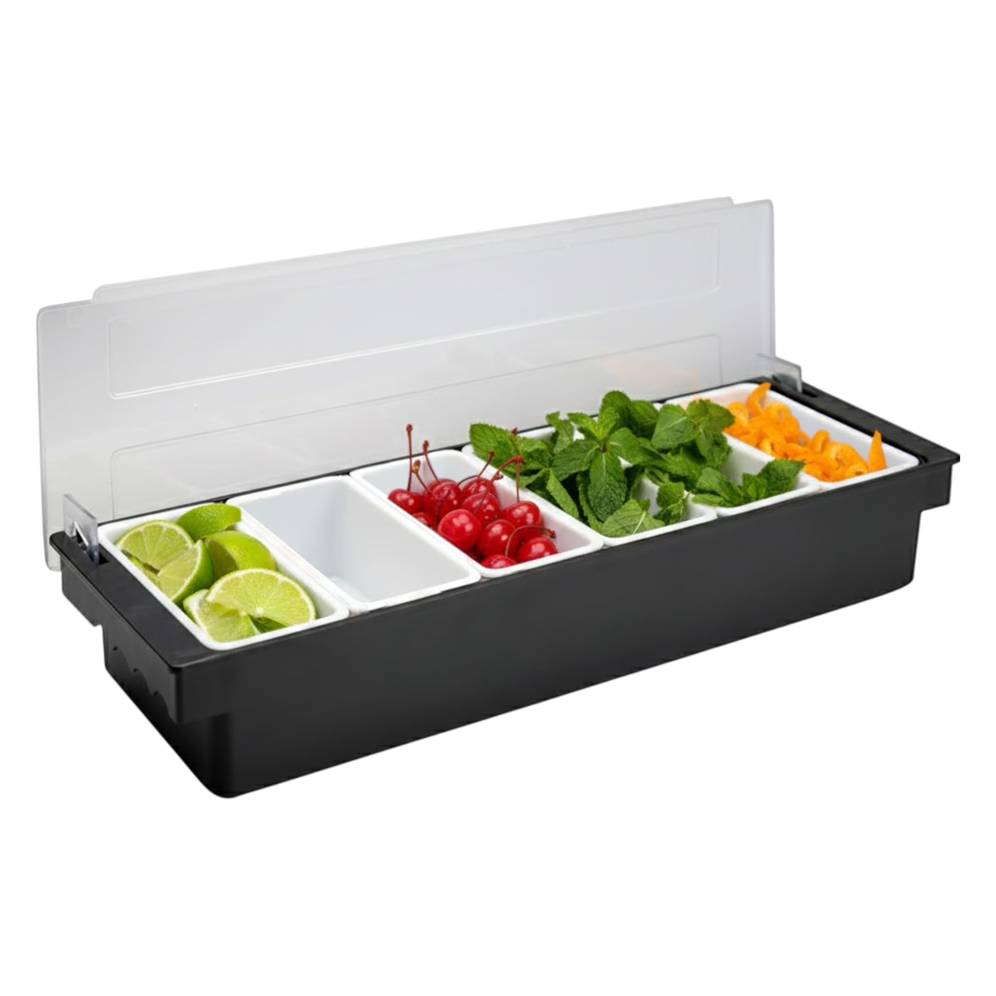 Chabrias Ltd Commercial-Grade 6 Compartment Condiment Dispenser with Clear Lid & Integrated Handles - Garnish Station for Pizza Toppings, Cocktail Ingredients, Salad Bars, BBQ Prep & Entertaining (6)