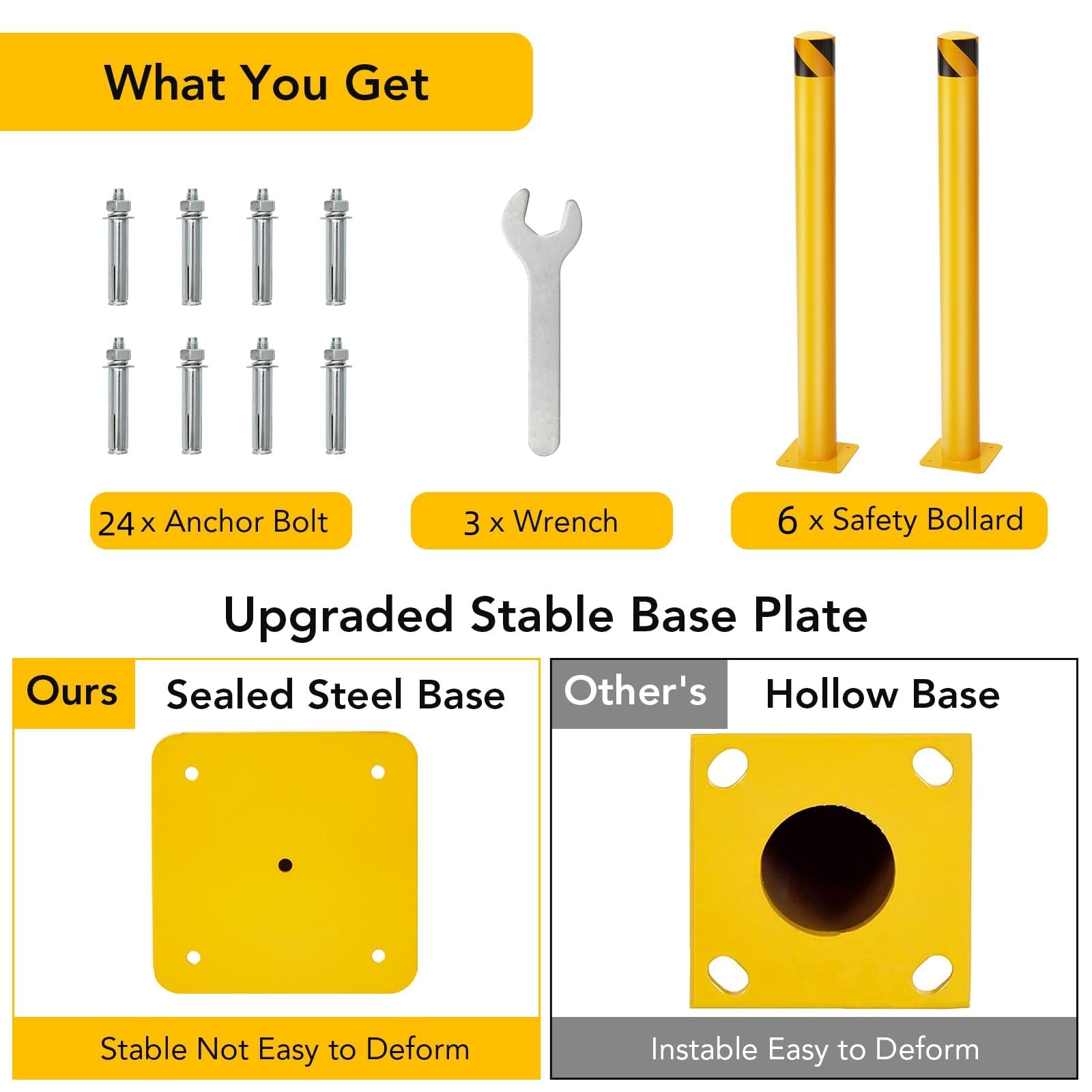 Garvee Poste Delimitador De Seguridad De Metal, Bolardo De Aparcamiento Con Base Perforada, Para Control De Acceso y Señalización, Acabado Amarillo Con Banda Negra, 11,4 x 91,4 cm, Pack De 6