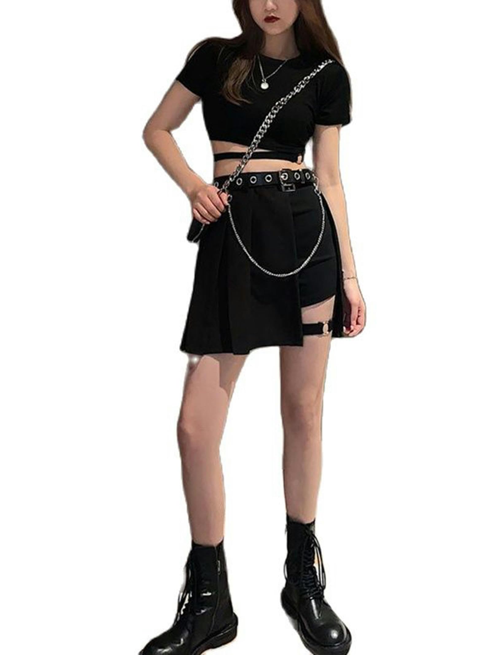 Sommer Y2K Cool Girl Hip Hop Zweiteiliges Rock-Set Streetwear Harajuku Kette Crop Top + Mini-Faltenrock-2 Stück-M