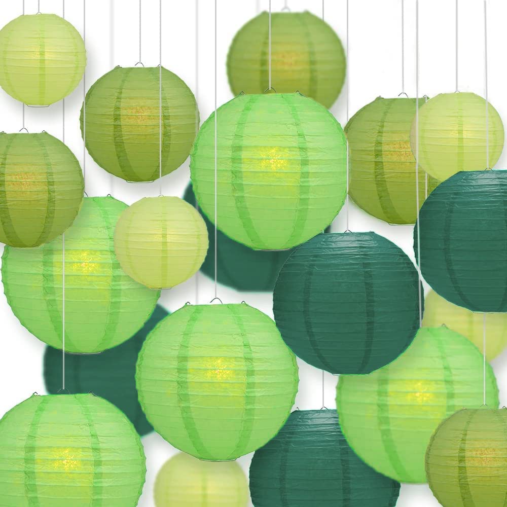 Newthinking Green 20Pcs Hanging Paper Lanterns, 6" 8" 10" 12" Round Paper Lantern Decorations With Hanging Line For Weddings Decoration, Indoor And Garden Party Decorationation