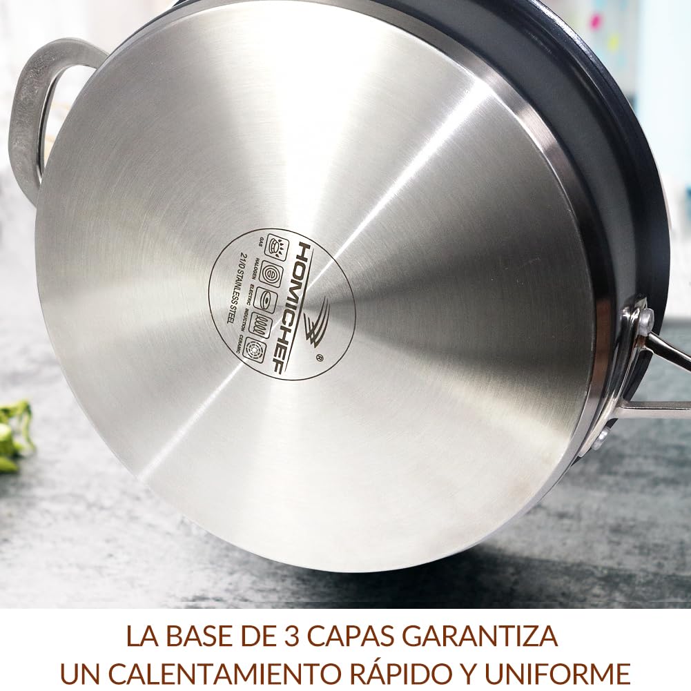 HOMICHEF sartén para saltear de acero inoxidable sin níquel de color gris marino de 24 cm con tapa apta para inducción y horno - Sartén pulida mate premium no tóxica de 2,36 L con tapa de vidrio