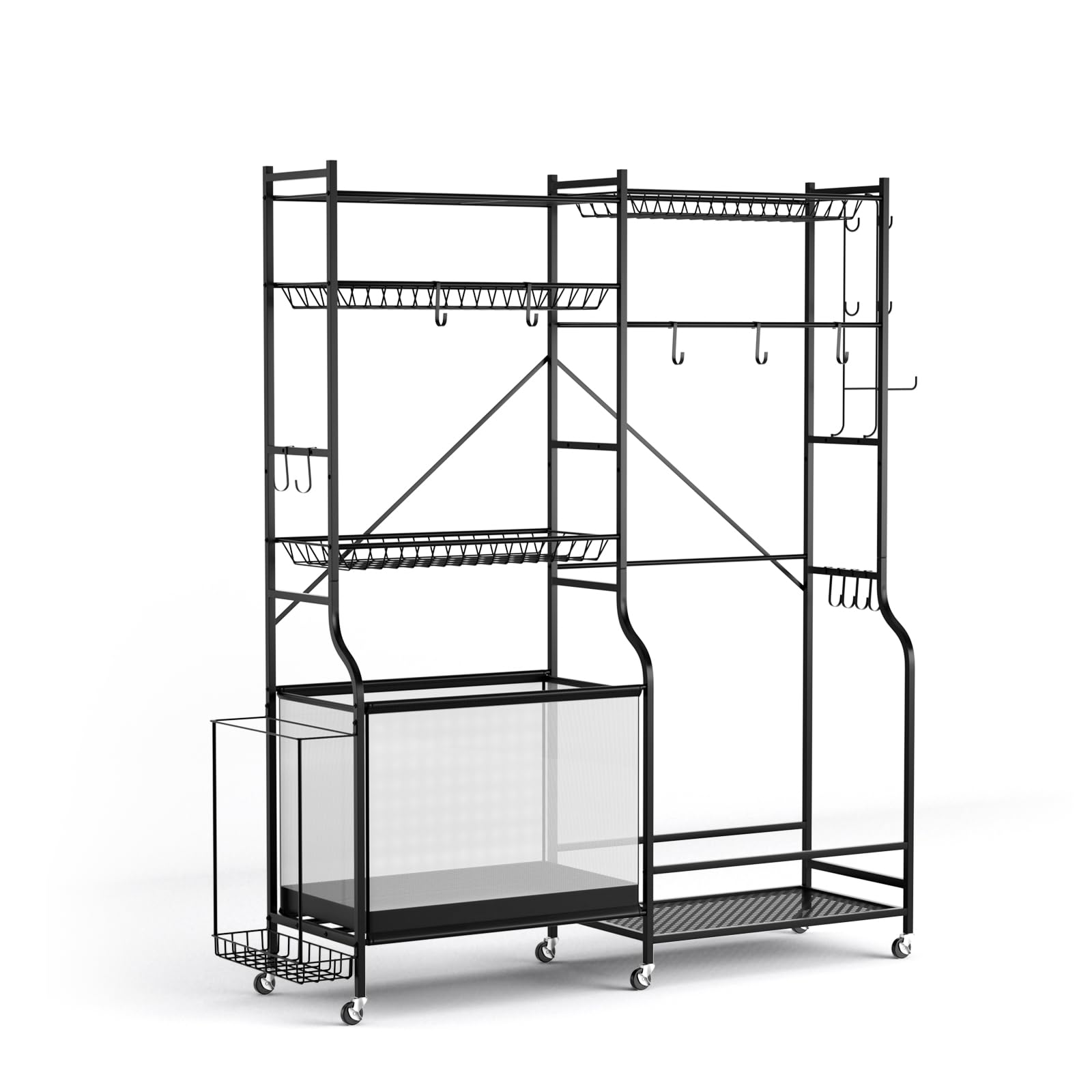 LIFEZEAL Stojak na narzędzia sportowe, mobilny, regulowany, 170 x 40 x 174 cm, 6 kół, uchwyt na piłkę, stojak na golfa, stojak na ciężary, stojak na piłkę, z 13 hakami, półka boczna, siłownia, dom