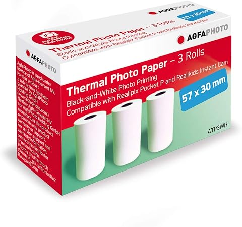 AgfaPhoto Realipix 3 Rulo Siyah-Beyaz Termal Yazıcı Kağıdı, Realipix P Pocket Yazıcılar için Uygun