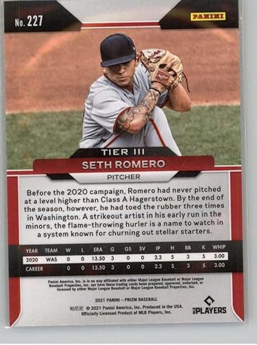 Miniatura 2 de 2021 Panini Prizm Baseball #227 Seth Romero Washington Nationals RC Rookie Official MLBPA Licensed Trading Card (Stock Photo Shown, Near Mint to