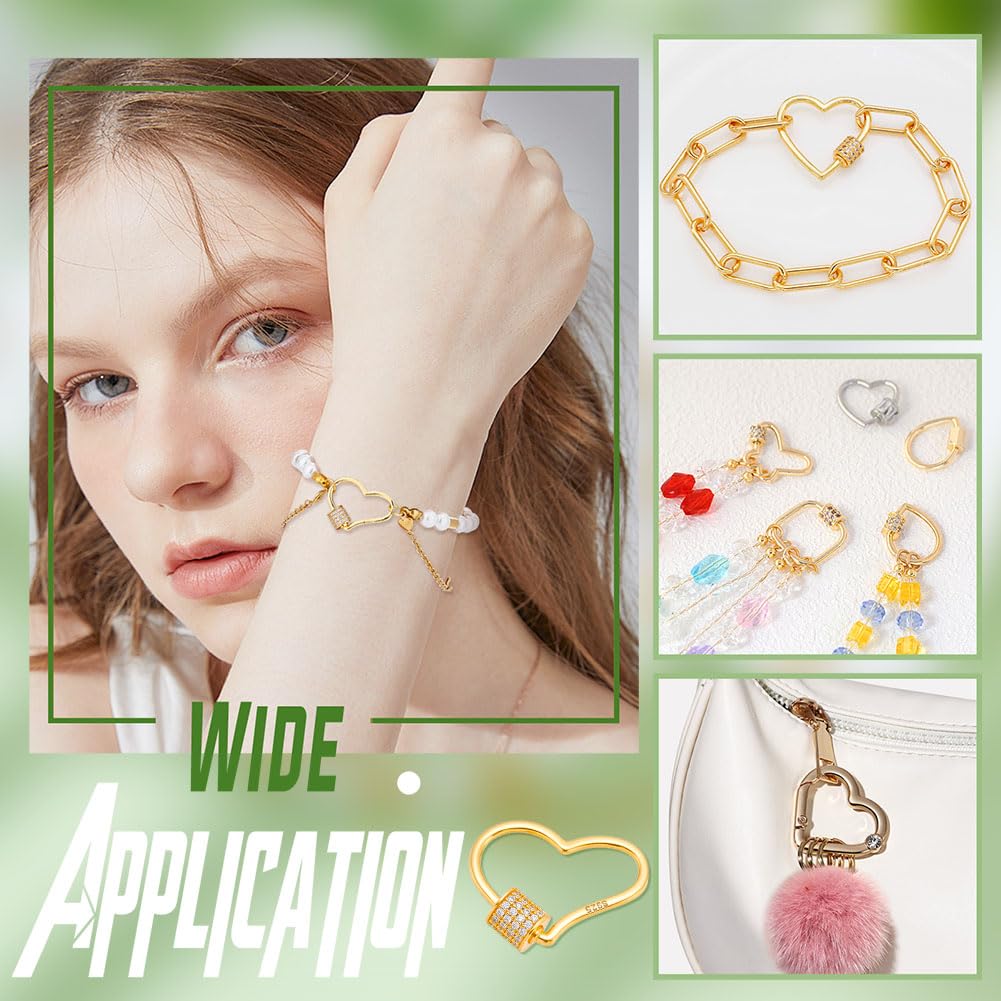 NBEADS Mosquetón de plata de ley 925 con rosca, llavero de circonita con corazón dorado, cierre seguro para hacer joyas, bolsos, accesorios de bricolaje, 16 x 23 x 1 mm