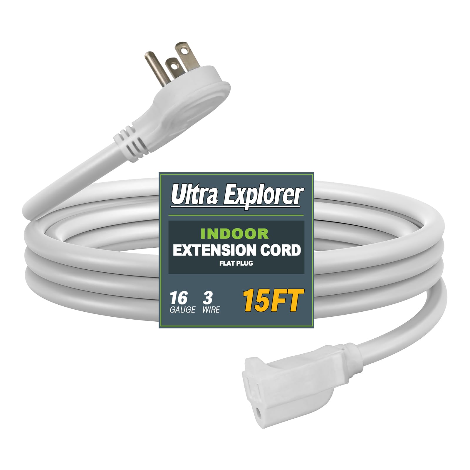 Ultra Explore 15 FT Flat Plug Extension Cord, 16 AWG Indoor Appliance Cord, Flat Wall Plug Low Profile Extension Wire, White, 13A 125VAC 1625W, UL
