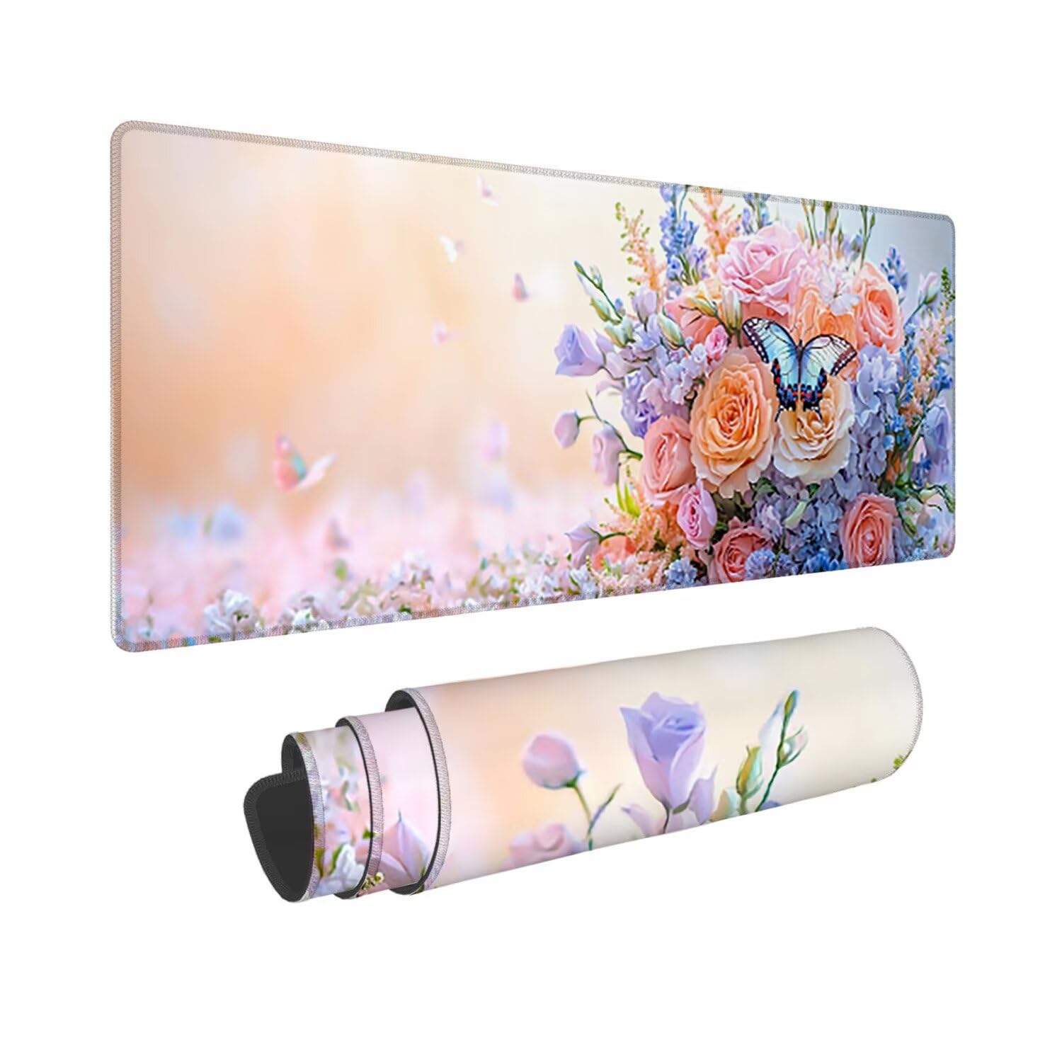 Podkładka pod mysz do gier XXL duża mysz 1600 x 800 mm, duża podkładka pod biurko z antypoślizgową gumową podstawą dla graczy, poprawia precyzję i szybkość (motyle kwiaty) o-371