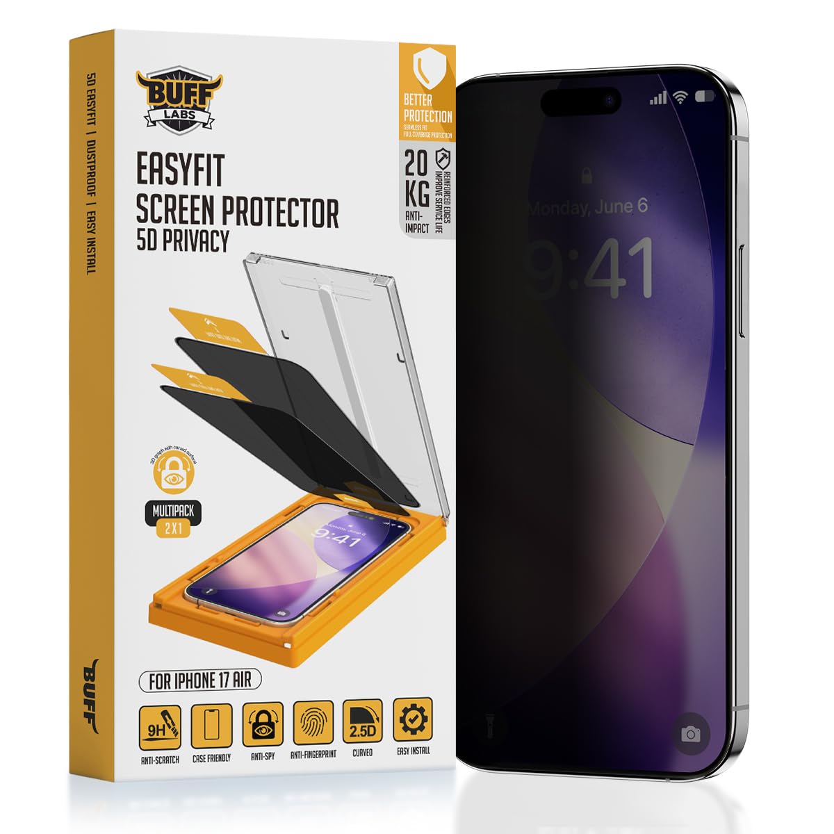 BUFF LABS 5D Privacy EasyFit 2 Adet Kolay Uygulama Aparatlı Ekran Koruyucu Temperli Hayalet Ekran Cam (iPhone 17 Air)