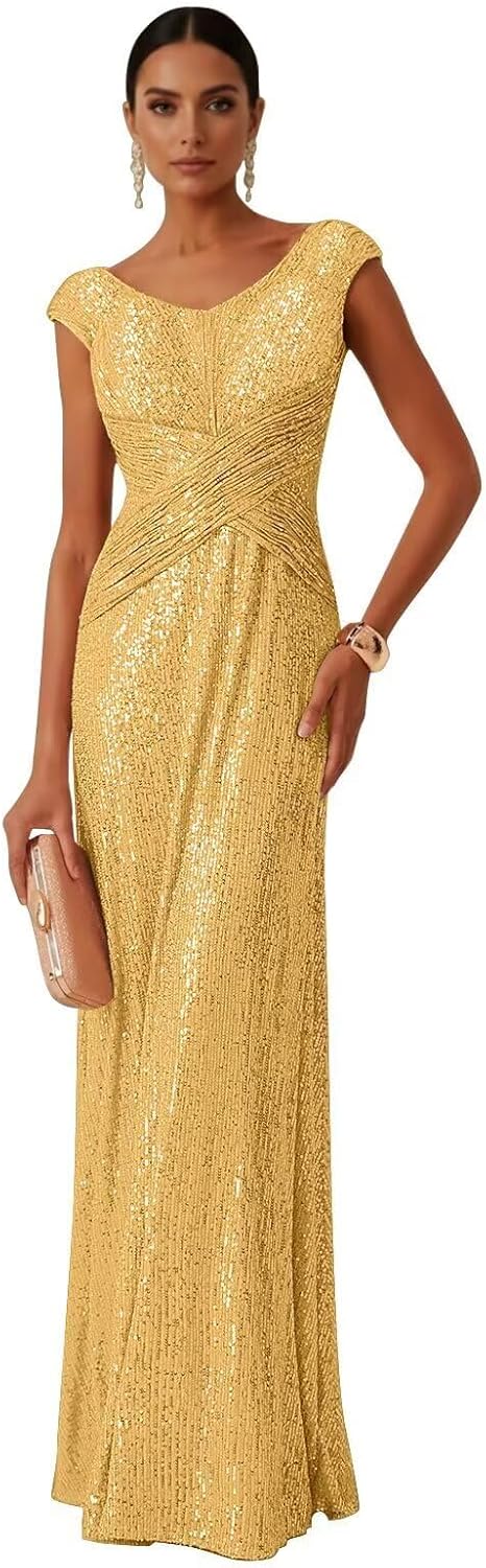 Long Formal Dresses V Neck Sequin Mother of The Bride Dress Cap Sleeve Evening Gown