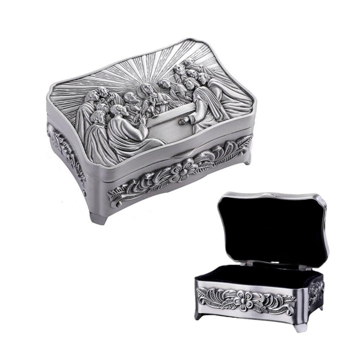 cenryusacenryusa Vintage Rosary Necklace Box Container - Last Supper Jewelry Storage Eucharistic Box - Metal Catholic Christian Roman Rosary Trinket Keepsake Case for Rosary Beads Earring Ring Necklace