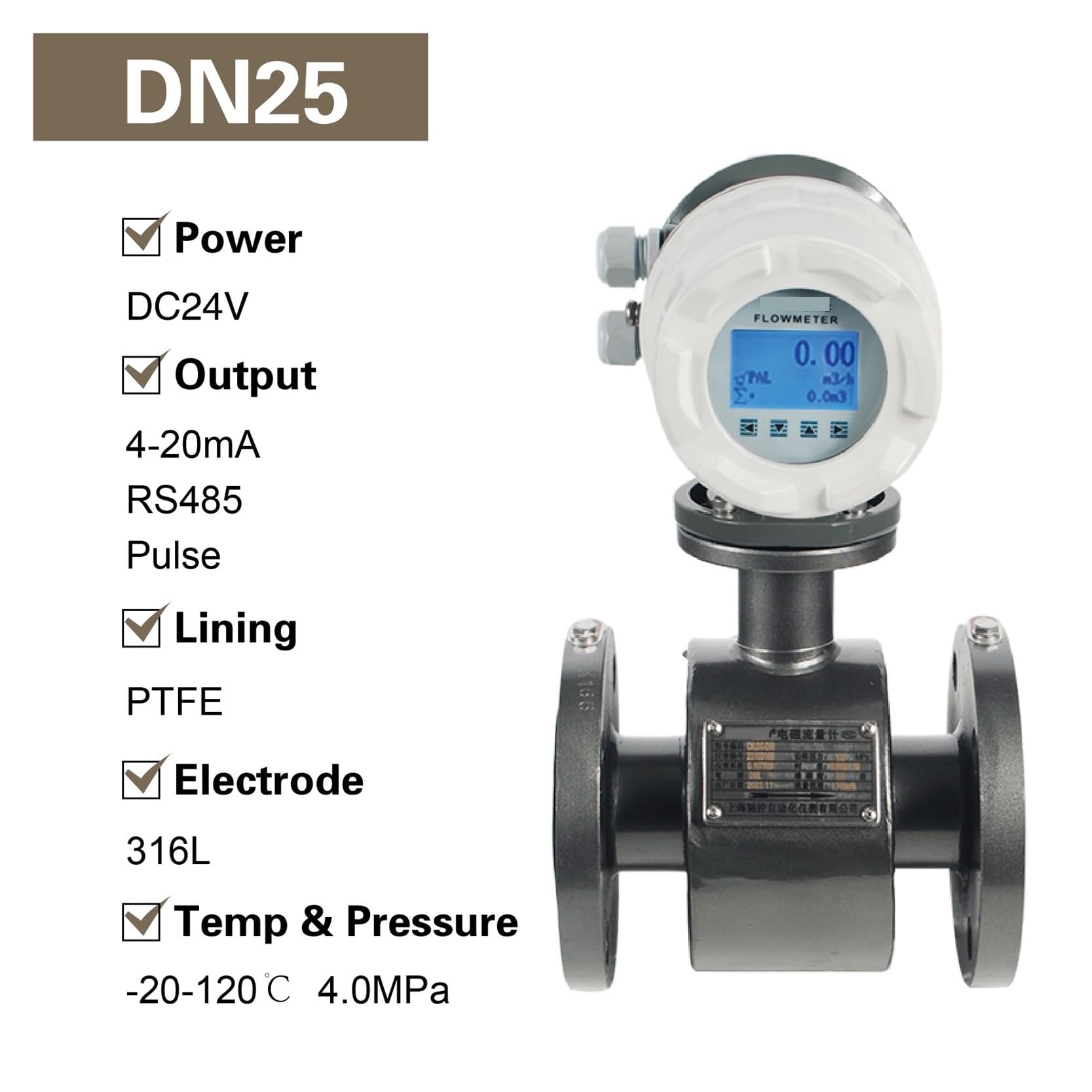 Caudalímetro electromagnético, caudalímetro magnético, Sensor Digital de caudal de líquidos, caudalímetro electromagnético Industrial, caudalímetro de Agua y fluidos.(DN25)