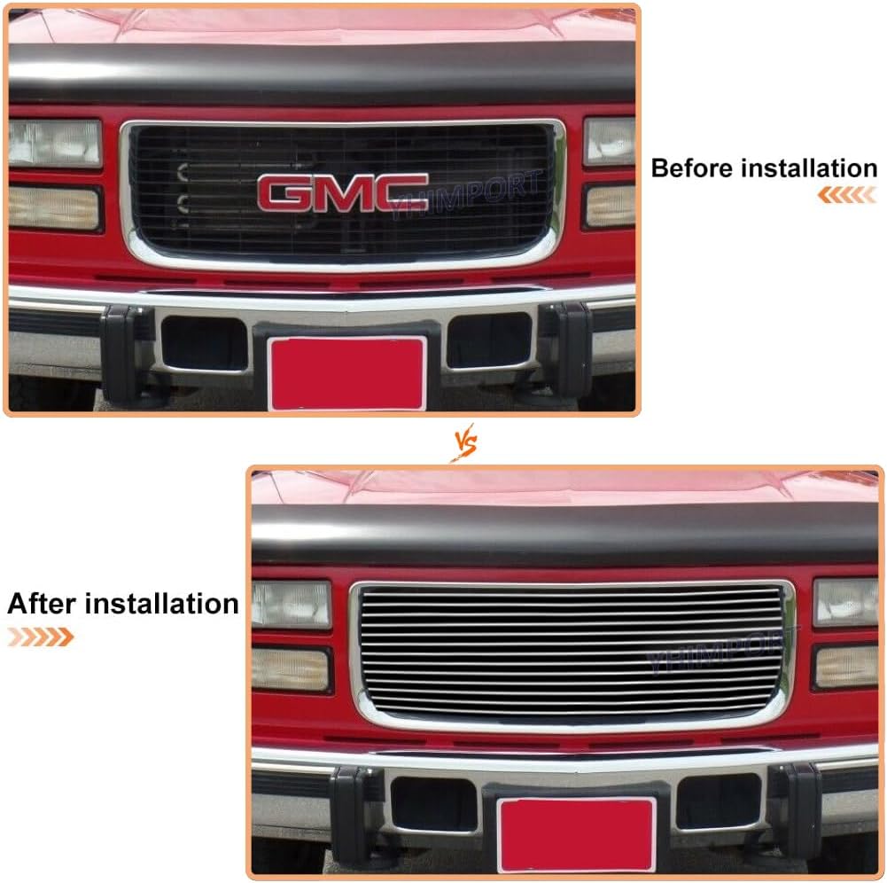 Chrome Billet Grille Insert fits 1994 1995 1996 1997 1998 1999 GMC Sierra C1500 2500 3500/GMC C K Pickup/GMC Suburban/GMC Yukon Al Solid Aluminum Main Upper Polished Replace Original Factory Grille