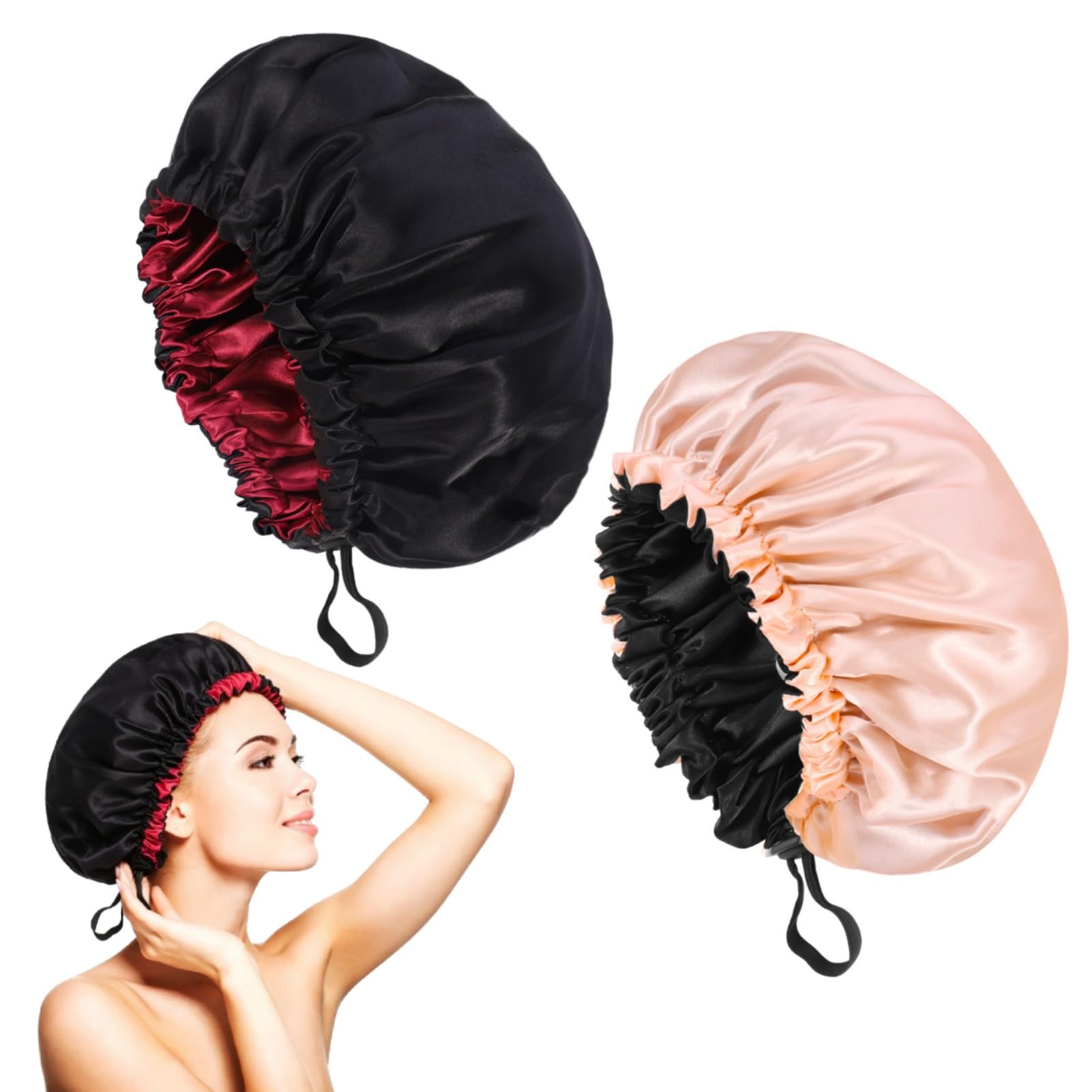 2 Stück Damen Seidenhaube zum Schlafen Große Silk Bonnet Verstellbare Satin Haarhaube Rutschfest Schlafhaube für die Nacht Doppellagig Schlafhaube Haare Schützen