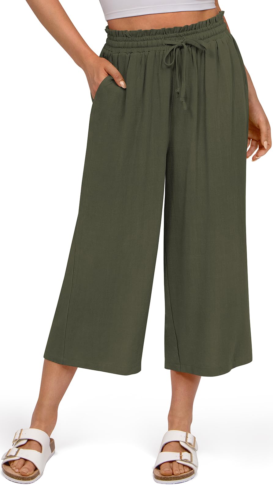 UEU Womens Linen Capris Wide Leg Ruffle High Waisted Pants Casual Drawstring Summer Loose Capri Pants with Pockets