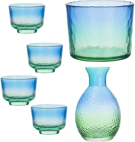 Japanese Glass Sake Pot Set With 4 Cups – Hammered Texture Blue Green, Home Use Sake Jar & Jug Gift Set