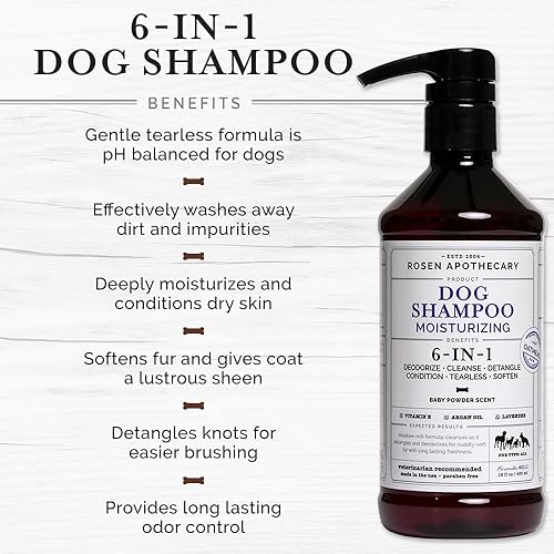 Miniatura 4 de Champú hidratante para perros 6 en 1, fabricado con ingredientes derivados naturalmente para limpiar, calmar, desodorizar y suavizar la piel y el