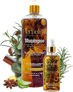 Viral New Hair Care Bundle - Herbal Shampoo 1000ml (33 fl oz) + Hair Tonic 250ml - With Real Pieces of Rosemary, Cinnamon, Anise, Clove, Aloe, Ginger, & Eucalyptus - Fortalece, Regenera.