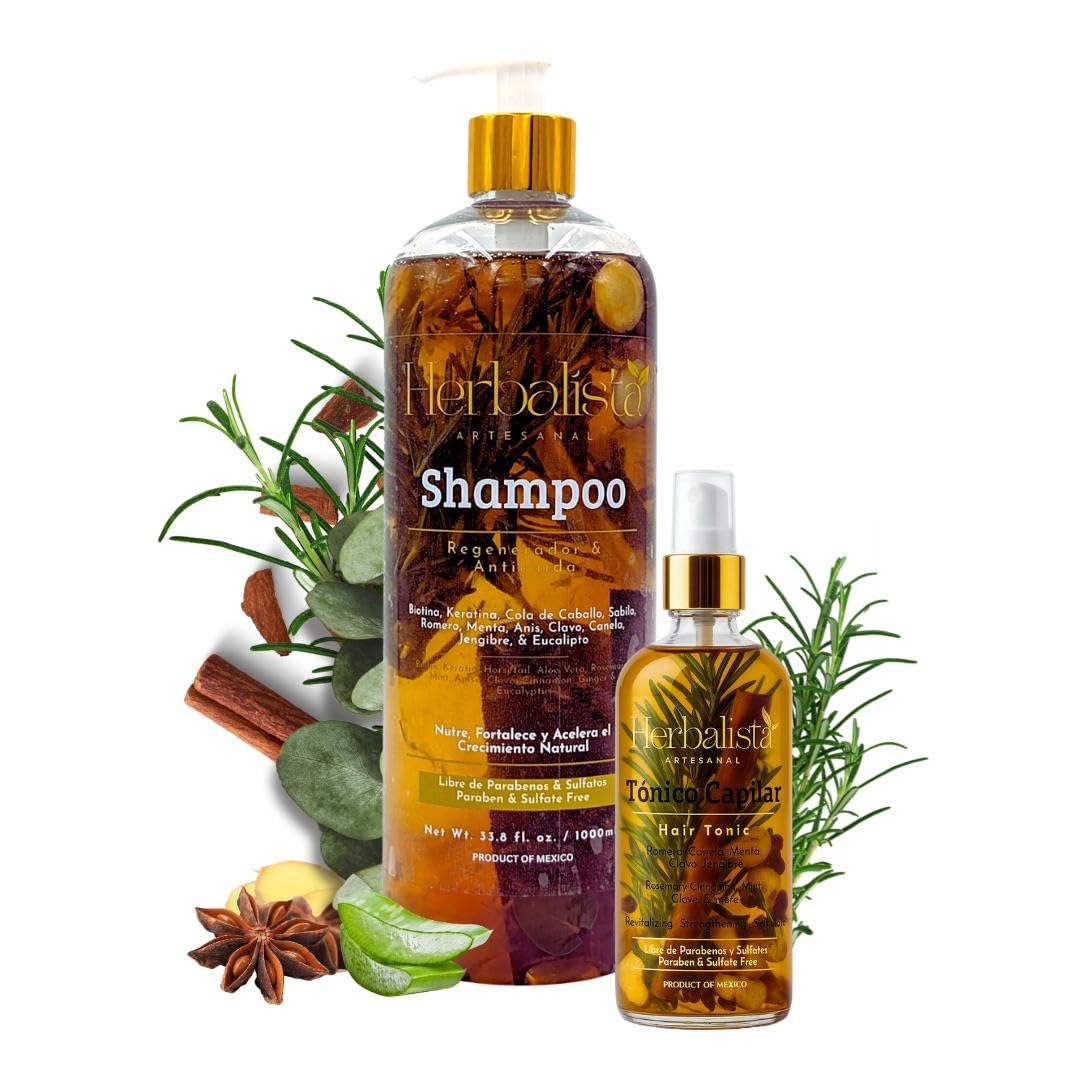 Viral New Hair Care Bundle - Herbal Shampoo 1000ml (33 fl oz) + Hair Tonic 250ml - With Real Pieces of Rosemary, Cinnamon, Anise, Clove, Aloe, Ginger, & Eucalyptus - Fortalece, Regenera.