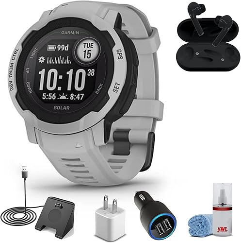 Garmin Instinct 2 Solar - Gris niebla (1.772in) + auriculares inalámbricos + soporte de carga de reloj + adaptador USB para coche + adaptador de