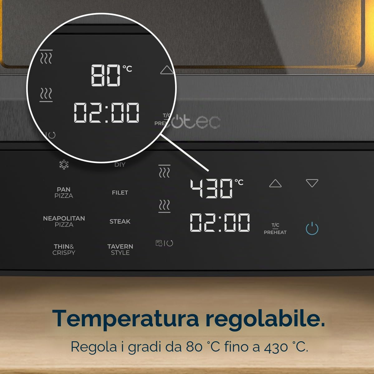 Cecotec Forno Elettrico per Pizza con Finestra Pizza&Co Tifosi. 1700W, Capacità 12 Litri, Controllo Digitale, Acciaio Rivestito, 8 Funzioni, Timer, Temperatura 80°C - 430°C, Luce Interna