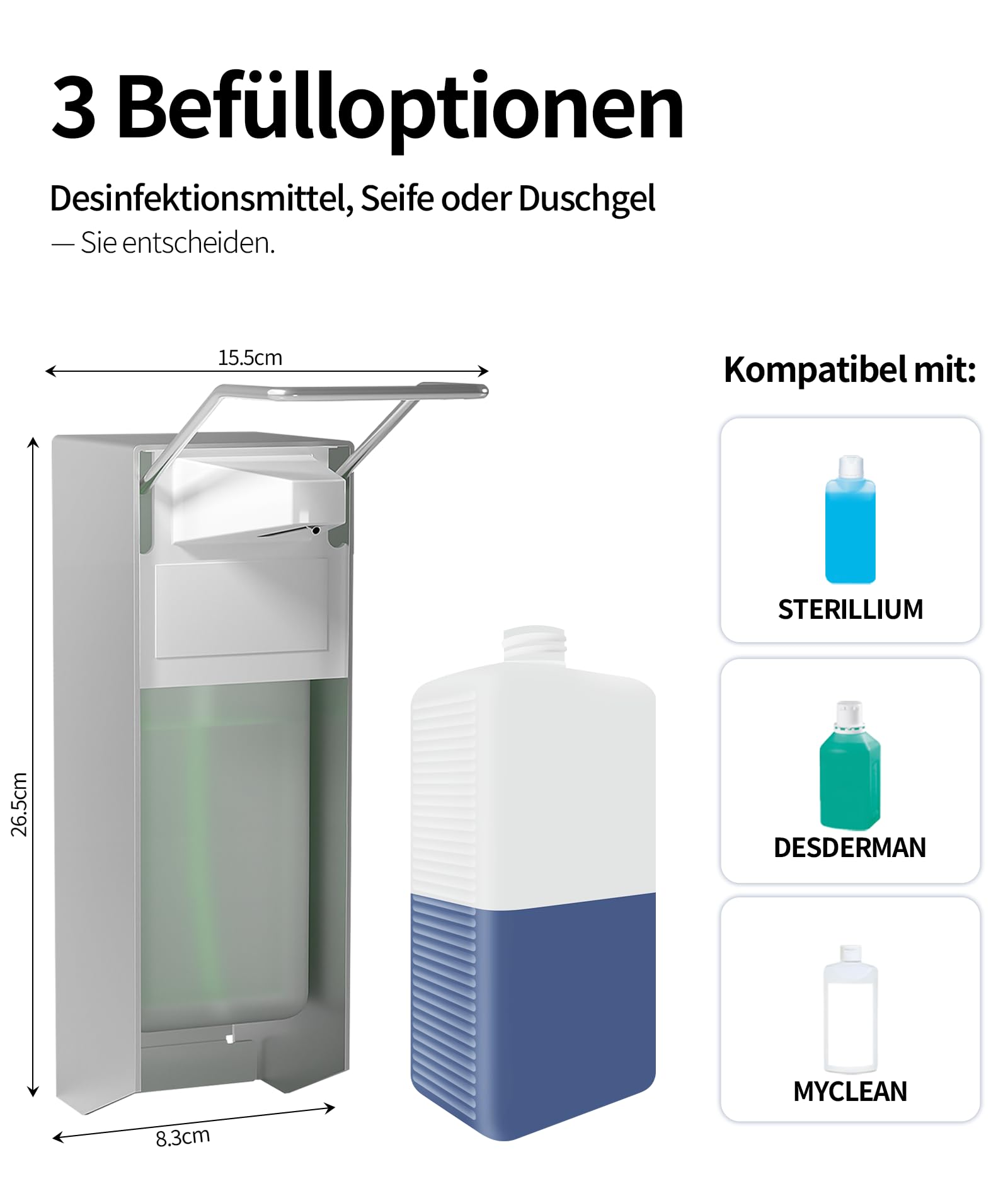 Eurospender,2er Set,Seifenspender Wandbefestigung, Soap Dispenser Mit Ellbogendruck Für Desinfektionsmittel Und Handseifen, Weißer Seifenspender, Aluminium,500ML