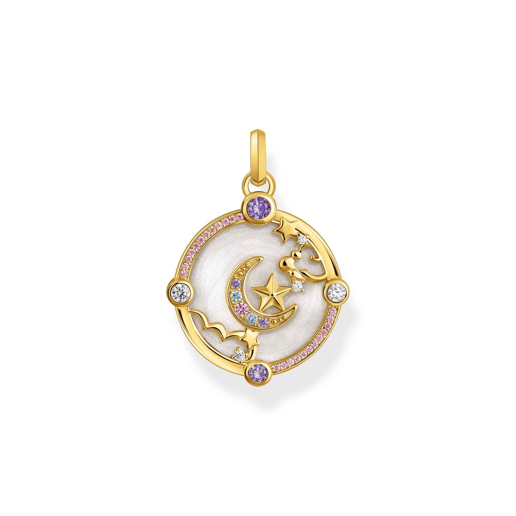 Thomas Sabo Petit pendentif avec croissant de lune et pierres multicolores plaqué or Doré Or Jaune 18 Carats, Émail À Froid, Argent Sterling 925
