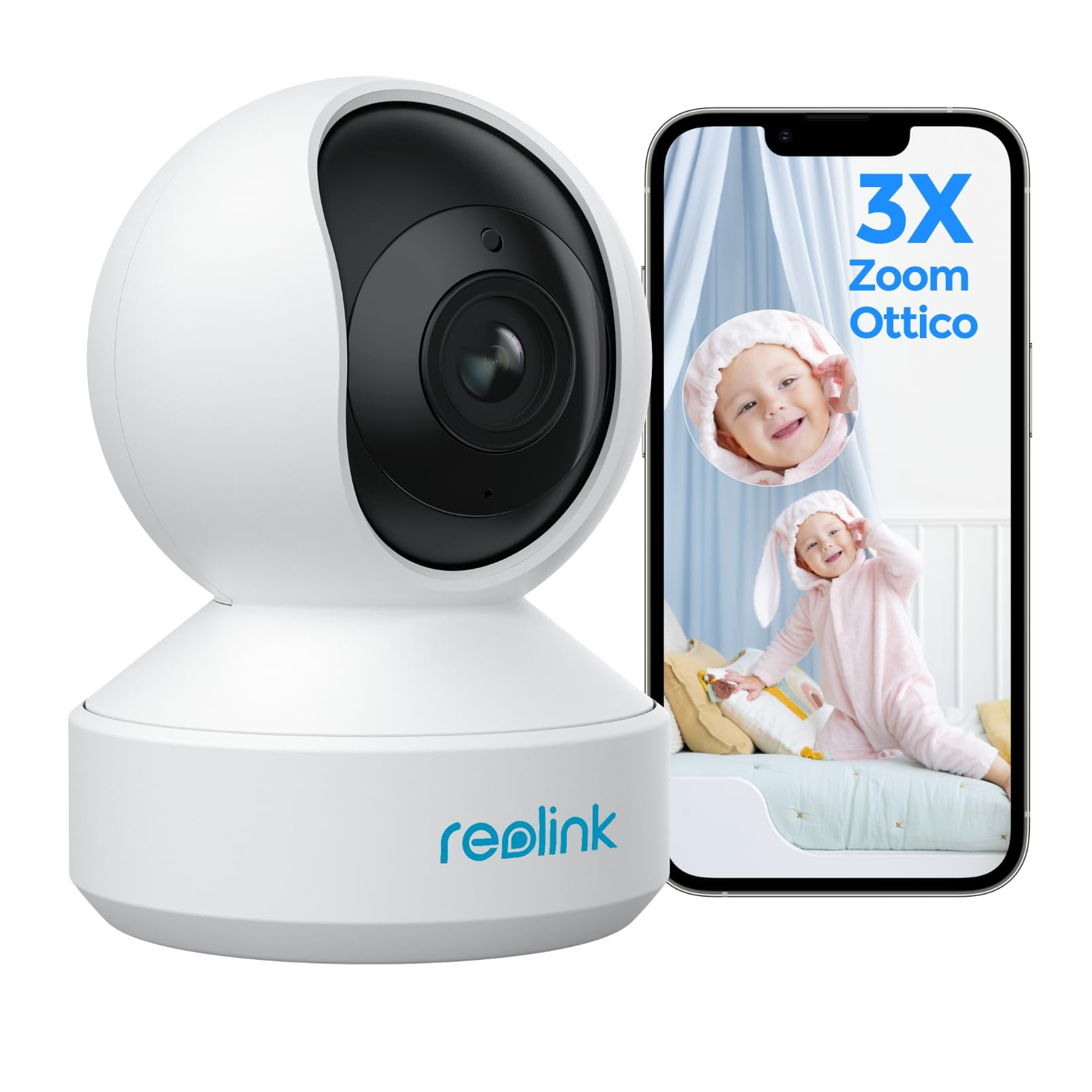 Reolink 5MP PTZ Telecamera WiFi Interno con Zoom Ottico 3x, Auto-tracking | Baby Monitor, Rilevazione di Persone/Pet, Videocamera Sorveglianza WiFi 2,4/5GHz, Sirena, Audio Bidirezionale, Cloud, E1 Zoom