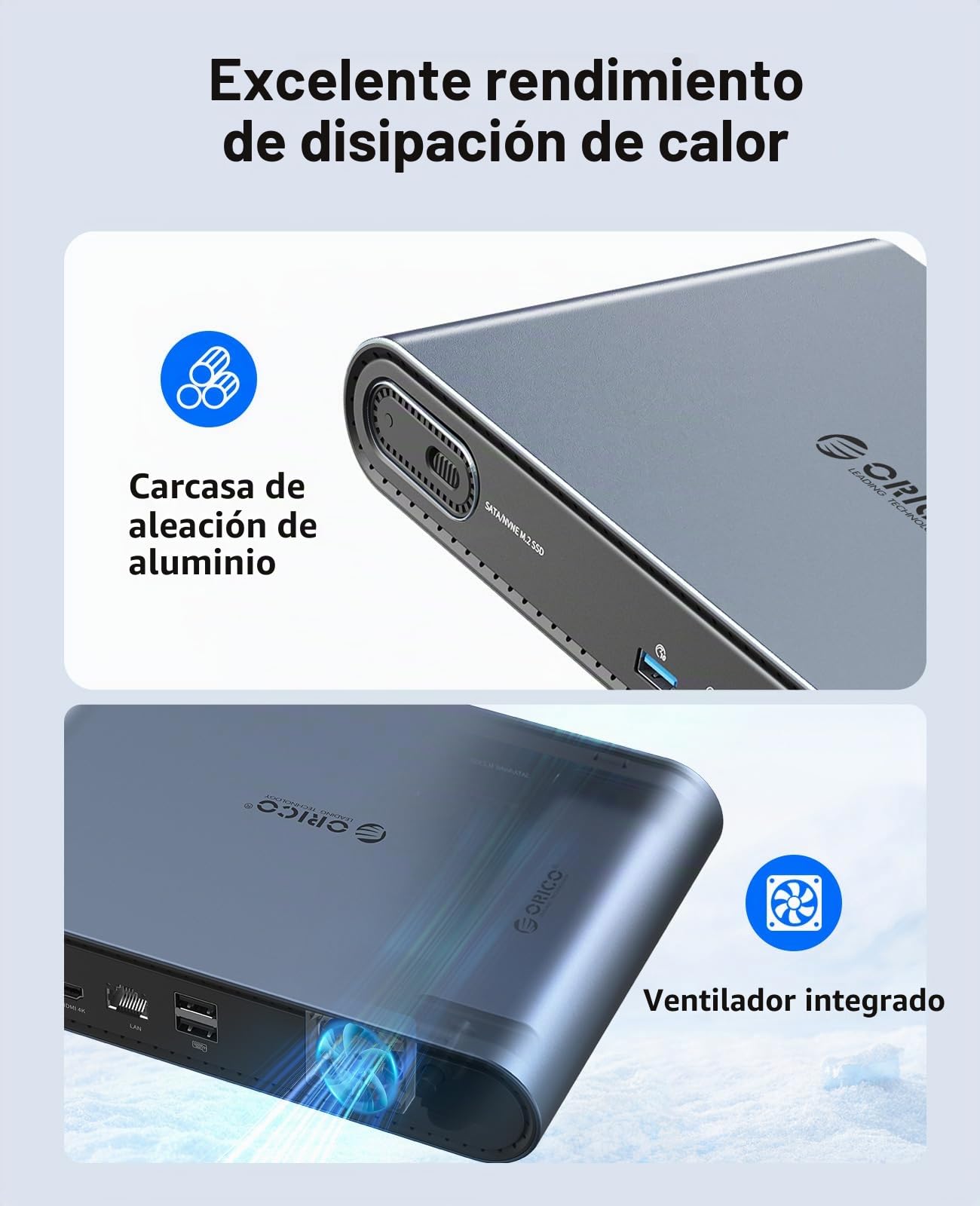 Base ORICO 10-en-1 USB-C con Carcasa SSD M.2 NVMe/SATA, USB 3.2 10Gbps, HDMI 4K@60Hz, PD 100W, RJ45, Audio 3,5mm - para MacBook Pro/Air (PTM1)