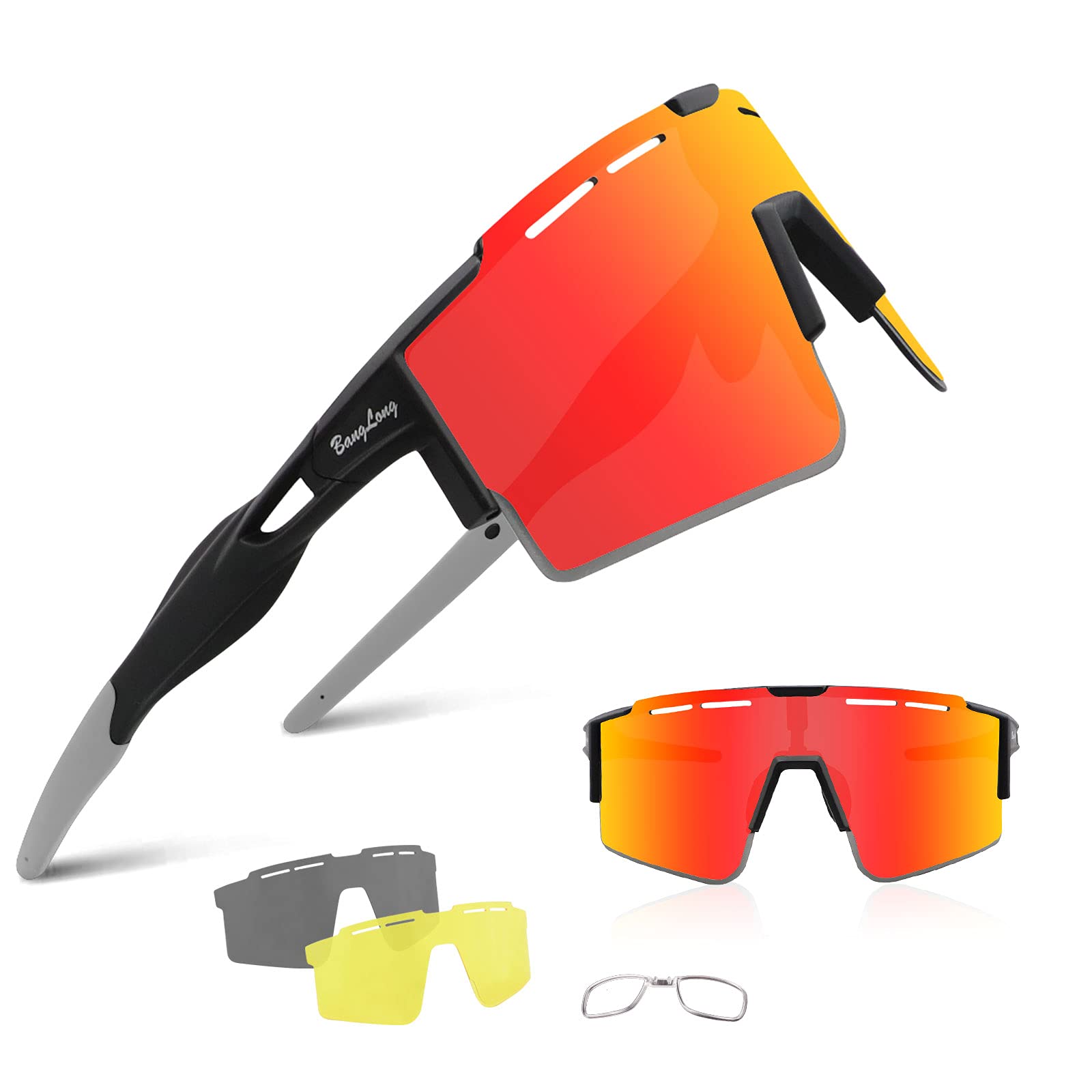 BangLong Polarisierte Sonnenbrille, Fahrradbrille Herren Damen UV 400 Schutz mit 3 Wechselgläser, Schutzbrille Sportbrille für Outdoorsport Radfahren Laufen Golf