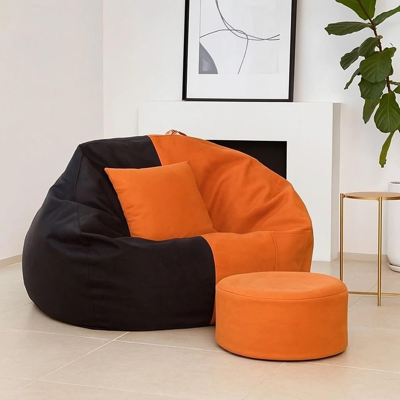 5XL Bean Bag Chair Cover with Footrest & Cushion, Without Beans, Premium PVC Leatherette, Pocket, Handle & Double Stitching, Indoor & Outdoor, Black/Orange-picture-17
