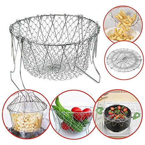 Fryer Basket,Stainless Steel Foldable Rinse Strain Fry Basket Multifunction Folding Basket Telescopic Fried