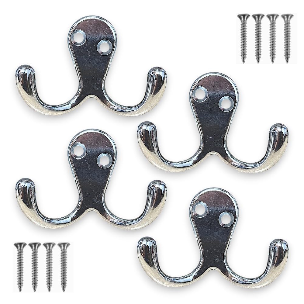 Twin Robe Silver Hat and Coat Hanger Hooks Coat Dress Robe & Bath Towel Hook for Bathroom Bedroom Kitchen Office Hat Scarf Robe & Bag 4 Pack.