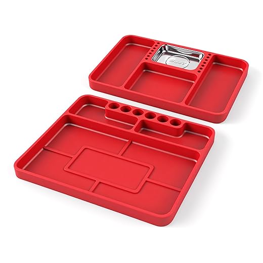SEDY Premium Silicone Tool Tray, Automotive Non-Slip Flexible Silicone Tool Trays, Tool Organizer | 2 Piece Multi Purpose Mats with Magnetic Small parts Tray