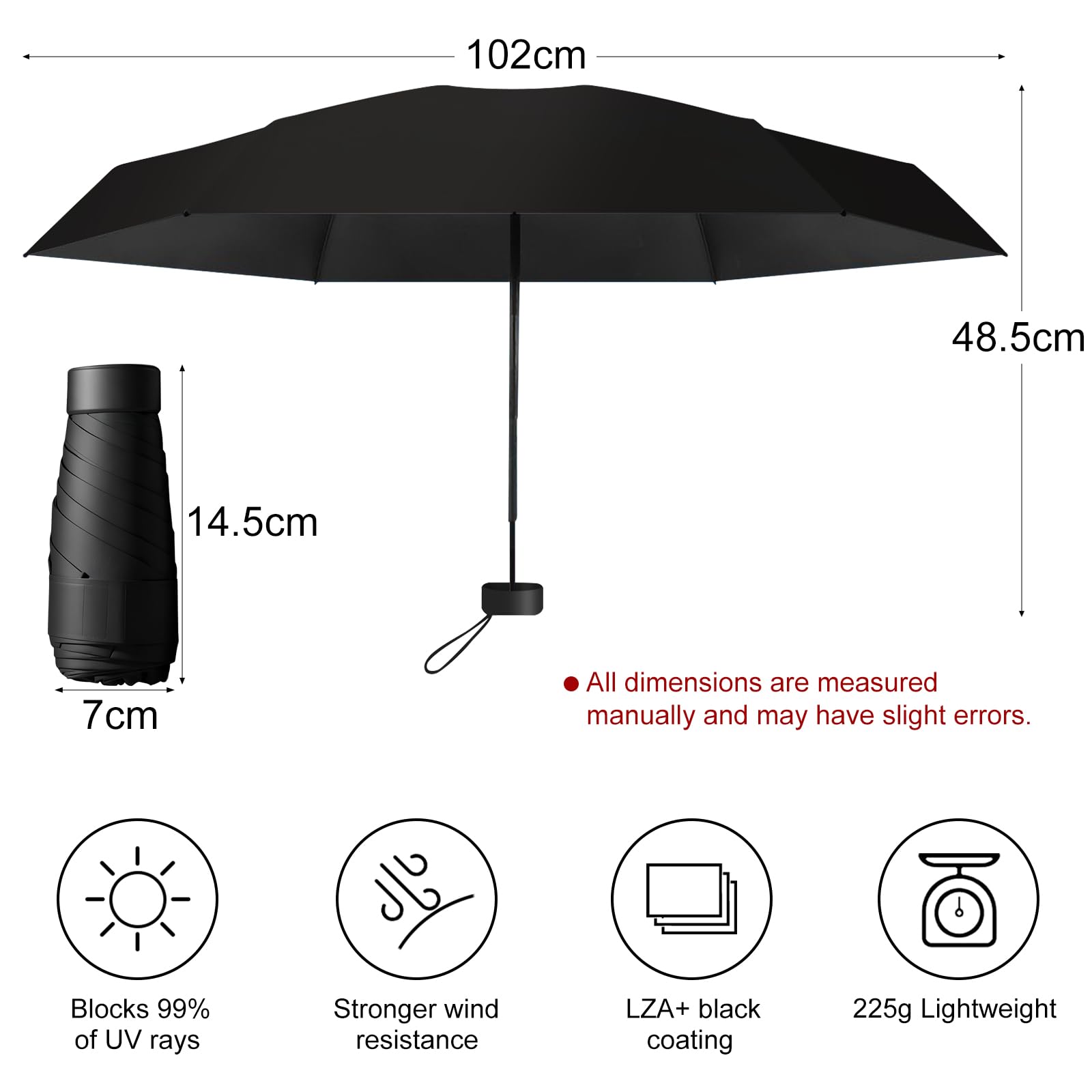 HCQC Ombrello Ultra Leggero Pieghevole - Mini da Viaggio con Protezione UPF 50+ - Impermeabile e Compatto, Ombrello Tascabile per Uomo e Donna - 2
