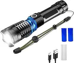 Lanterna Tática T9 LED P70 Recarregável USB 3000 Lumens com Zoom Ajustável – 2 Baterias 26650 Inclusas, Impermeável, 5 Modos – Ideal para Acampamento, Trilhas, Caça e Segurança