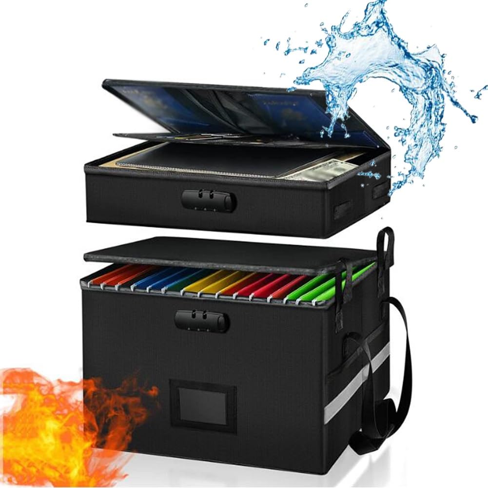 GZHERVICES Fireproof File Box with Lock, Collapsible Double-Layer File Locker File Bag Office Safe Organizer Box with Zippers for Books, Materials