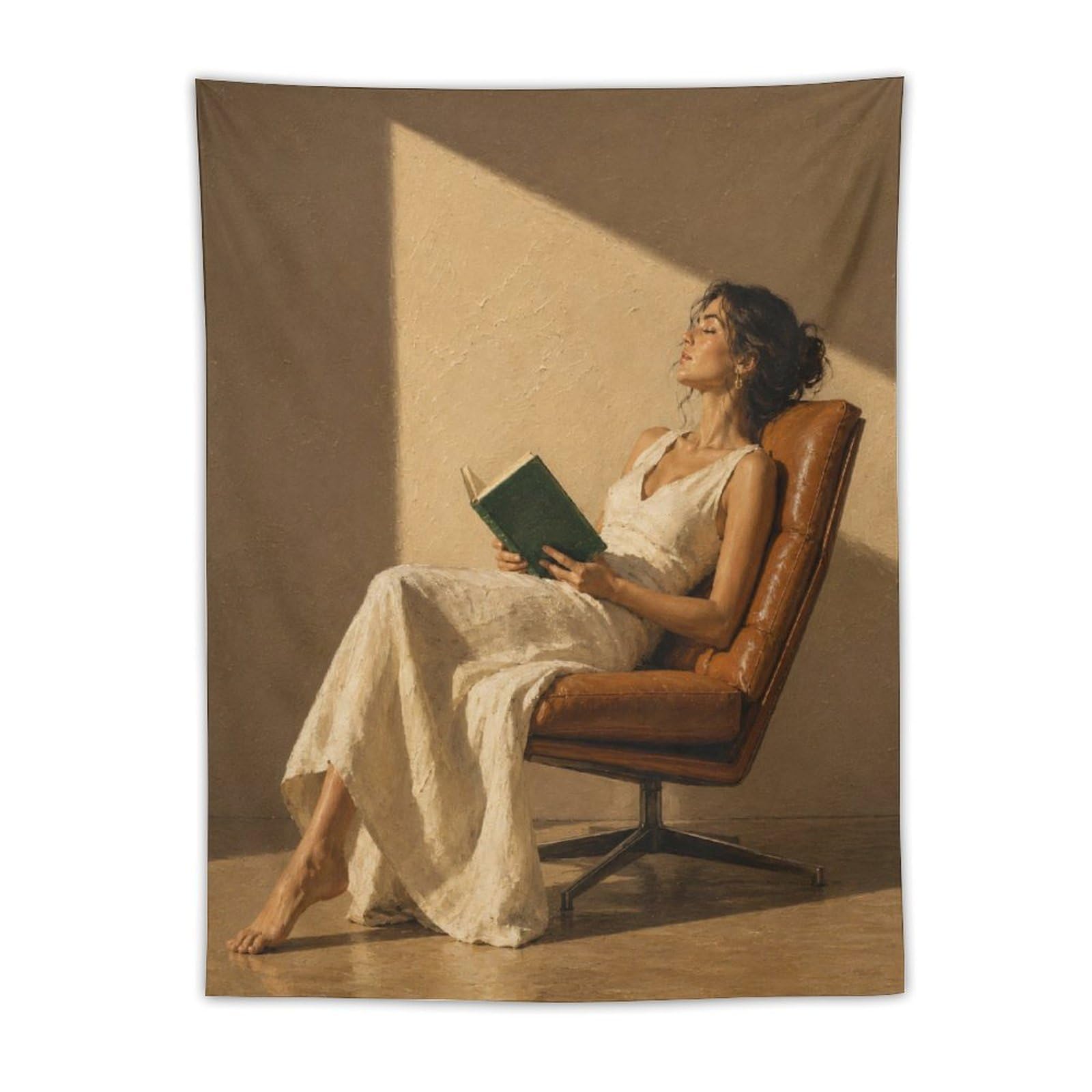 H3B8U2Y5 Woman Reading in Sunlight Wall Tapestry, Reading Corner
