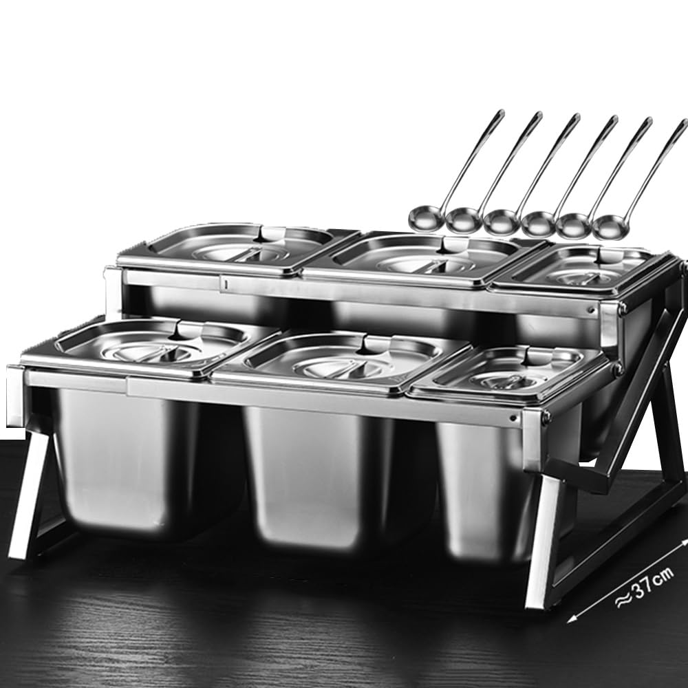 Soporte de cocina de acero inoxidable de 10 sartenes Set organizador de especias con tapas cucharas, 2 fila encimera inclinada estante de condimento, contenedores buffet titular para