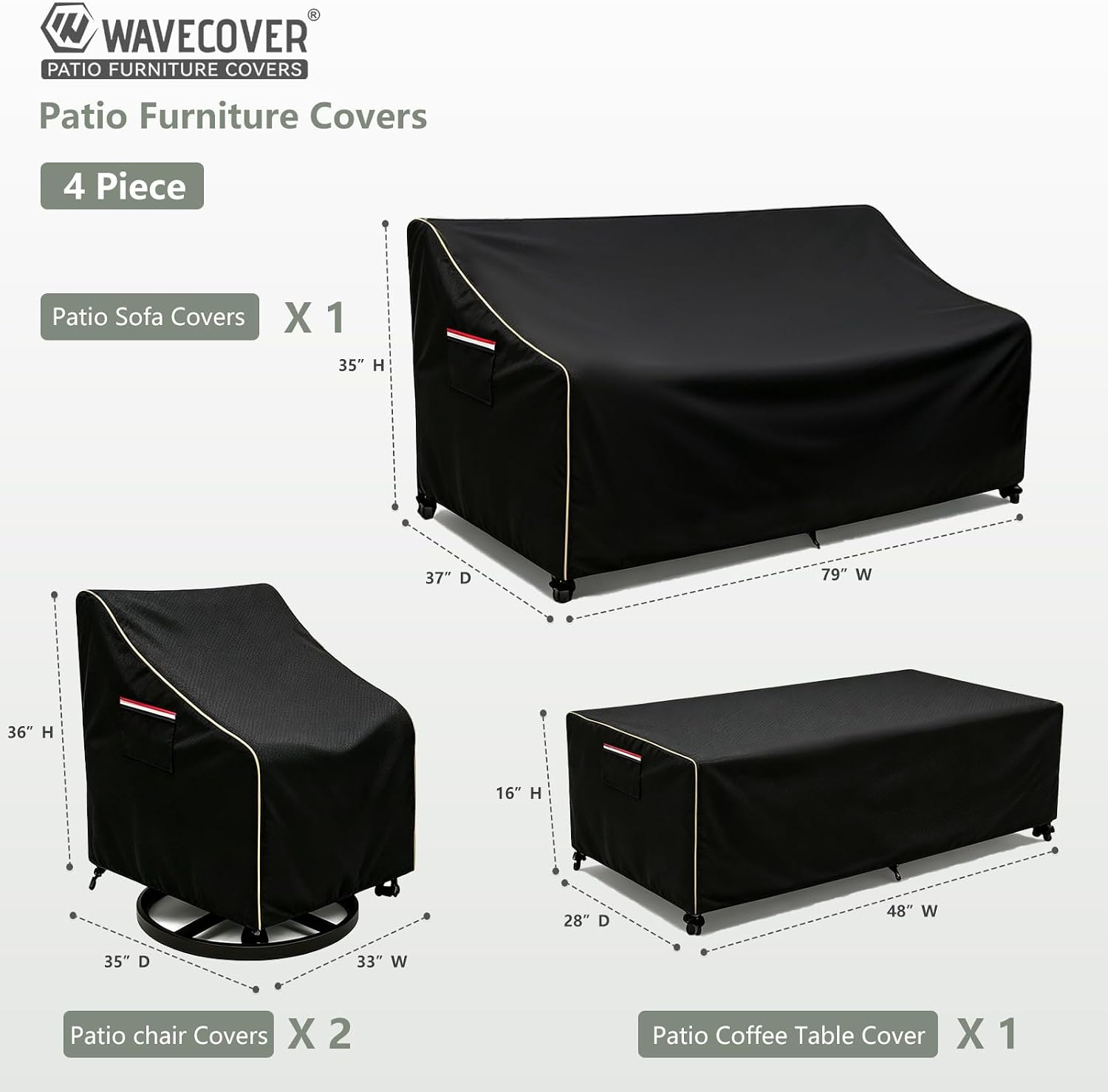 4-Piece Patio Furniture Cover Set, 600D Heavy Duty Outdoor Furniture Covers Waterproof — Fits 3-Seater Sofa, Swivel Rocker Chair & Coffee Table, All Weather Outdoor Protection, X-Large