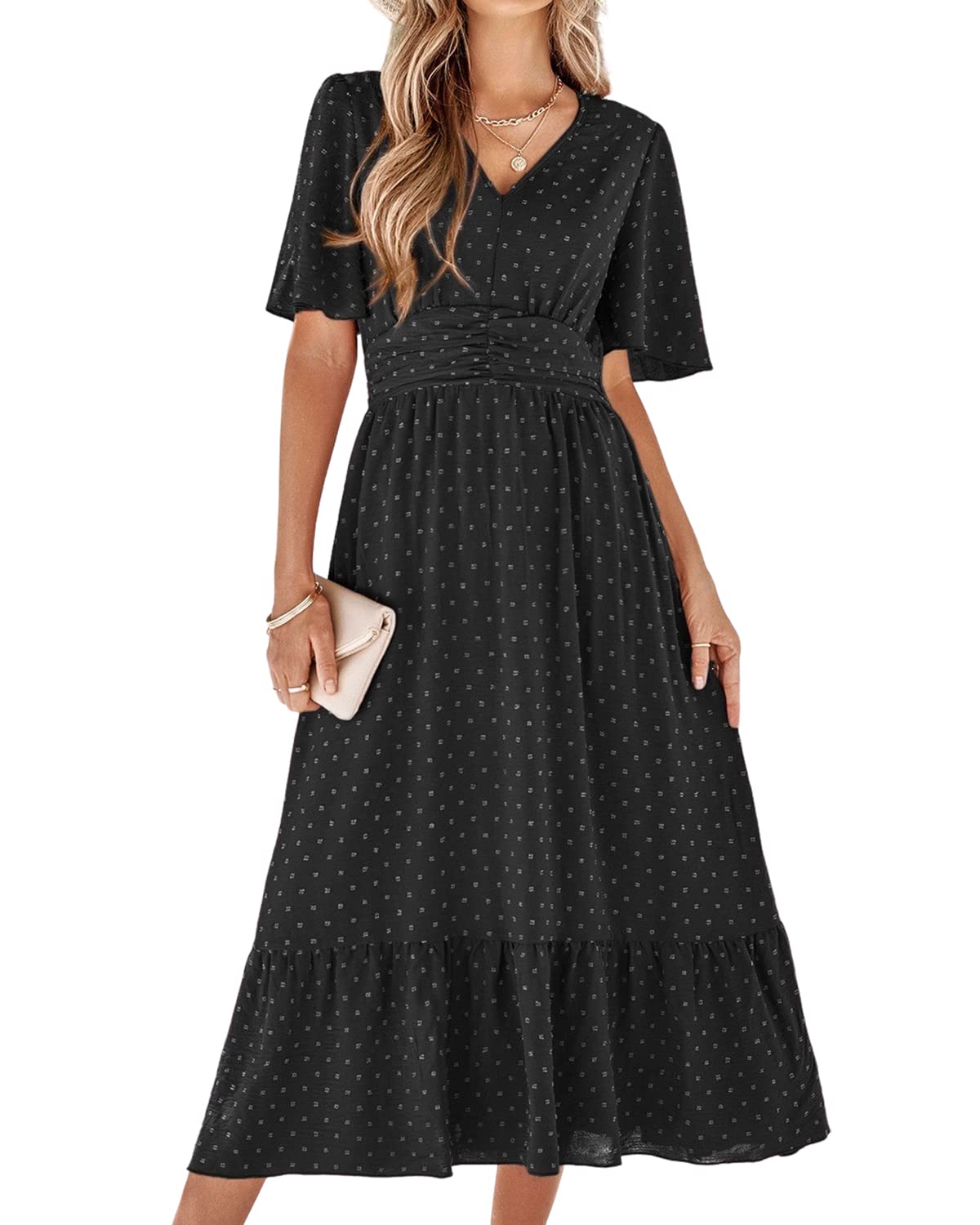 BebreezChic Sommerkleid Damen Lang Boho Elegant Kurzarm V-Ausschnitt Hohe Taille Swiss Dot Gerafft Blumen Strandkleid Maxikleid