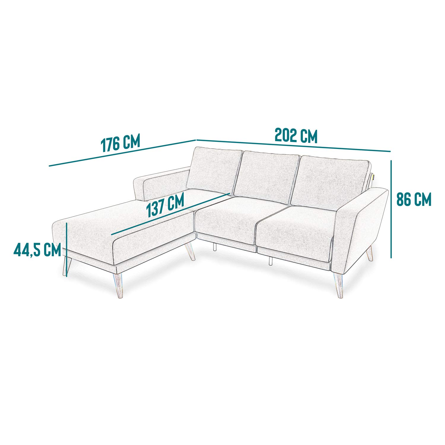 Lotta trzyosobowa sofa do salonu rozkładana - kanapa 3-osobowa - sofa tapicerowana - szer. 202 cm - szezlong lewy - kremowy - drewniane nóżki odcień orzecha
