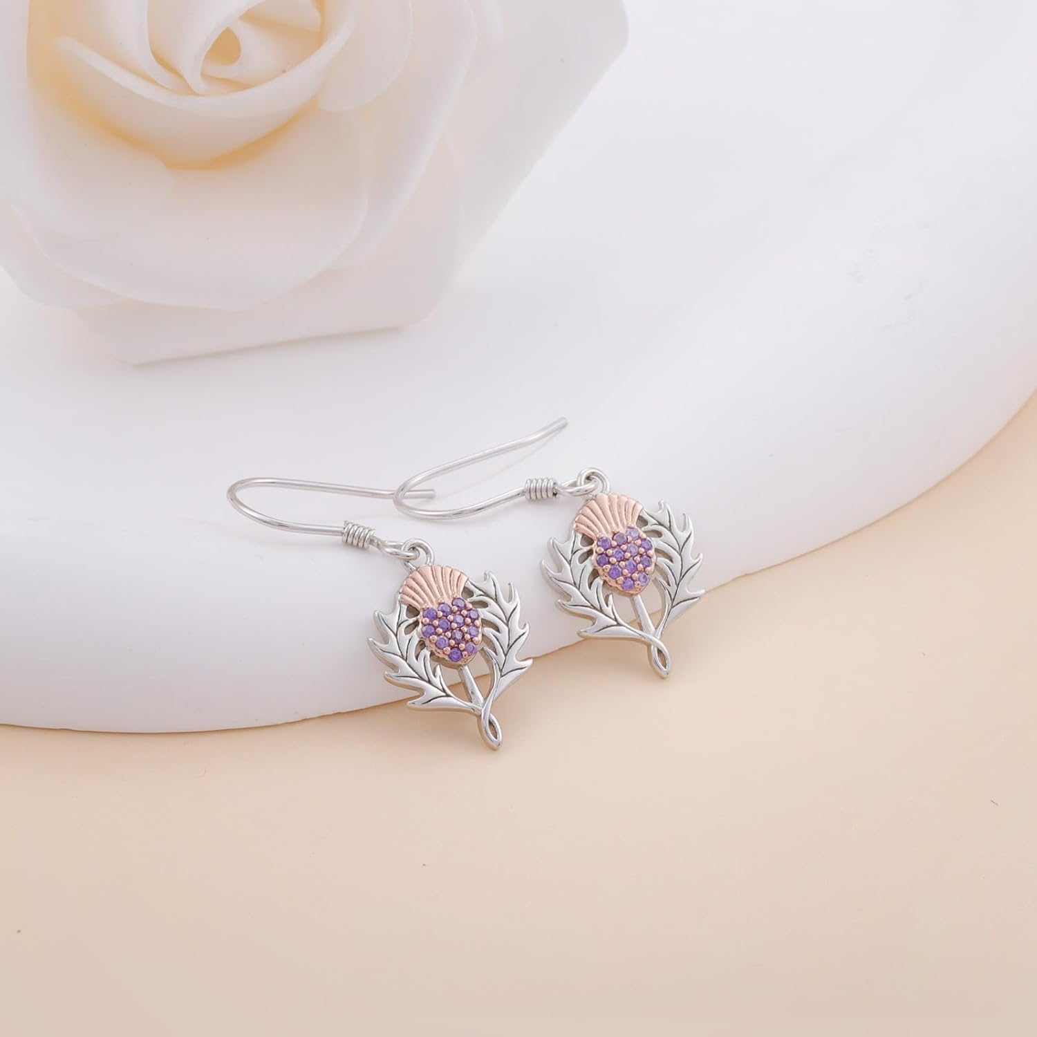 Scottish Thistle Earrings for Women - 925 Sterling Silver Thistle Dangle Earrings Amethyst CZ Scottish Thistle Earring Hypoallergenic Jewelry Gifts - Image 3