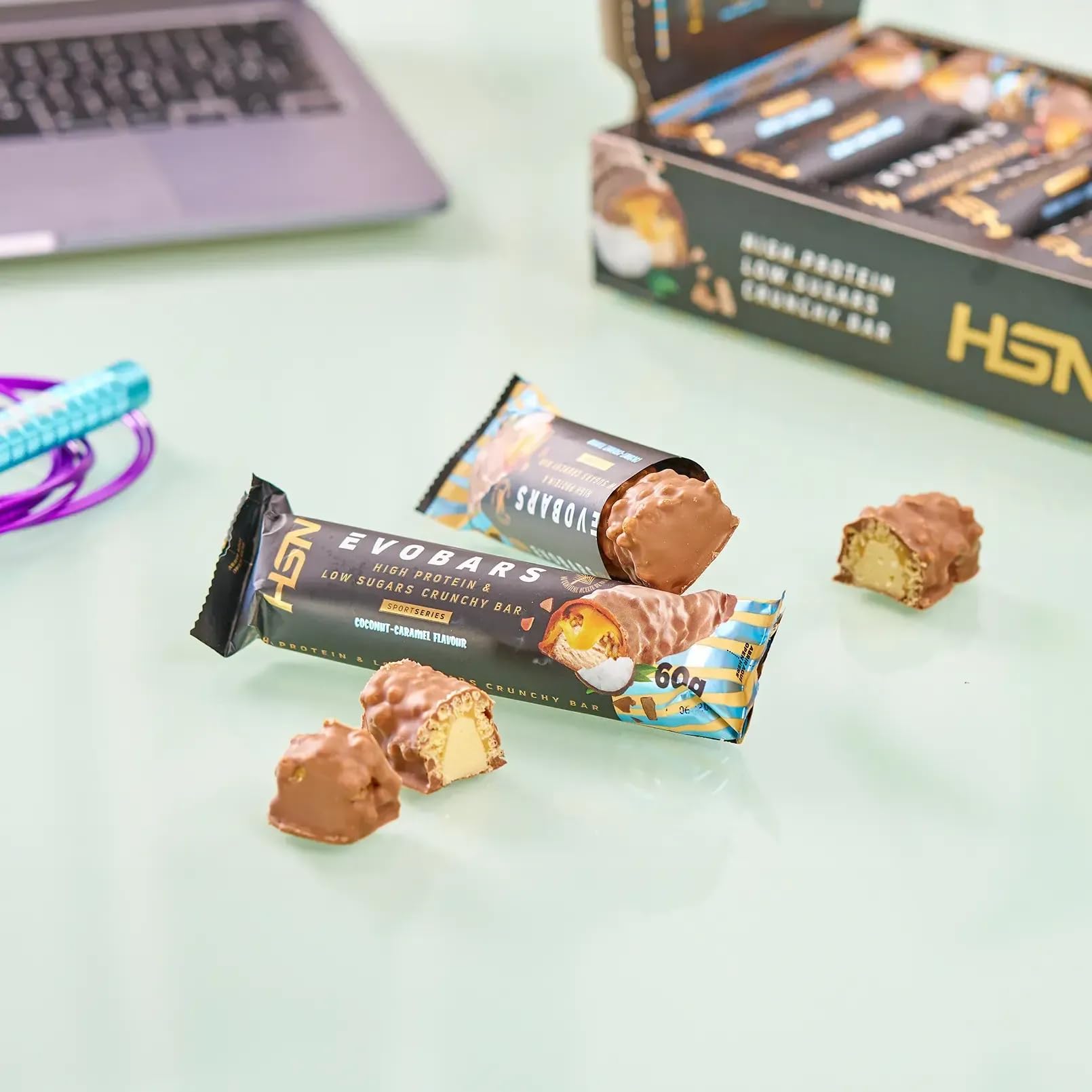HSN Evobars Barritas de Proteínas 19g Proteína | Coco Caramelo - Pack 12x60g | Bajas en Azúcar y Sin Aceite de Palma | Snack Fitness Crujiente Alternativa a Batidos de Proteína