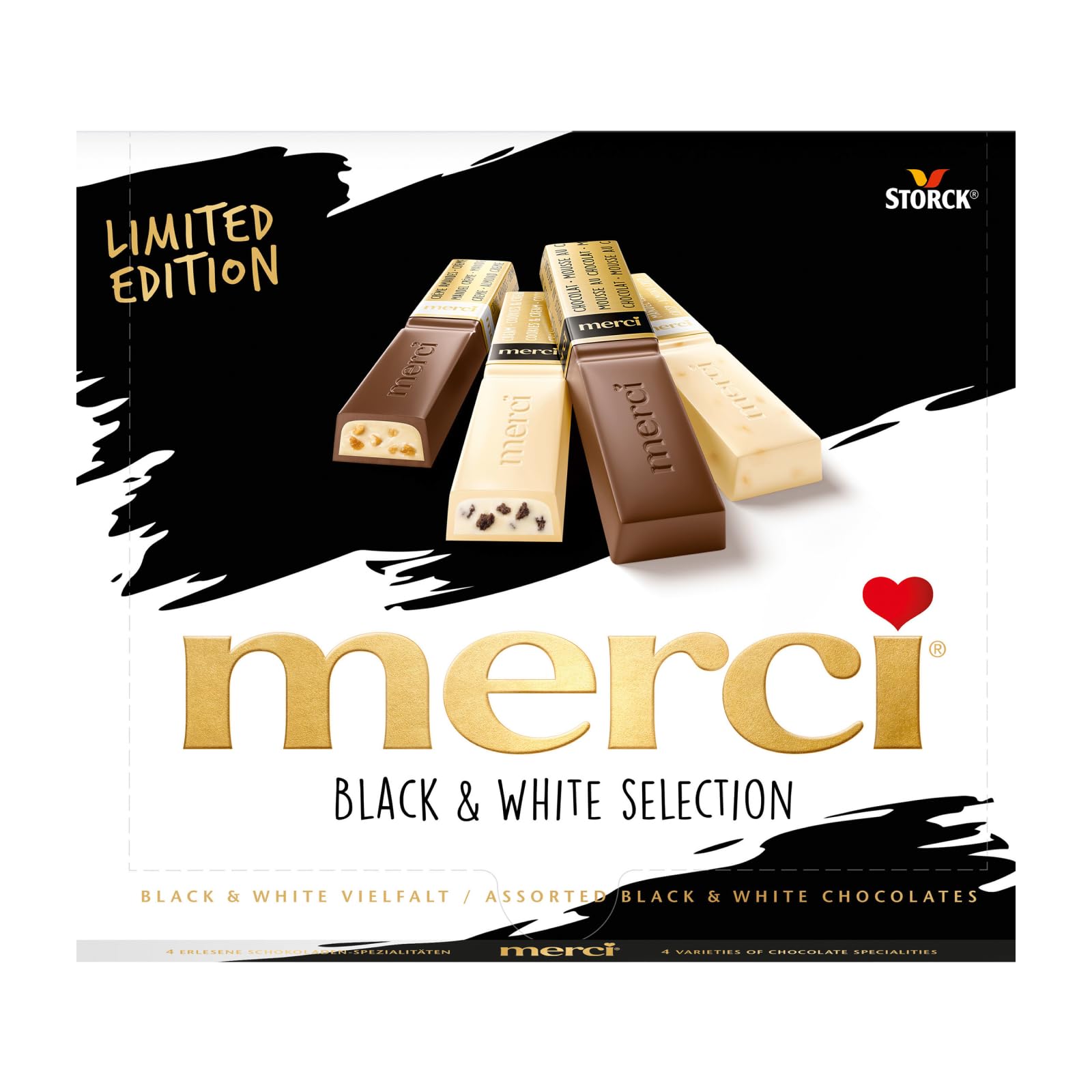 merci Black & White Selection – 250 g – Caja de Bombones para Regalar – Surtido de 4 Especialidades de Chocolate Blanco y Negro – Sin Gluten y Aptos para Vegetarianos – Para Disfrutar y Compartir